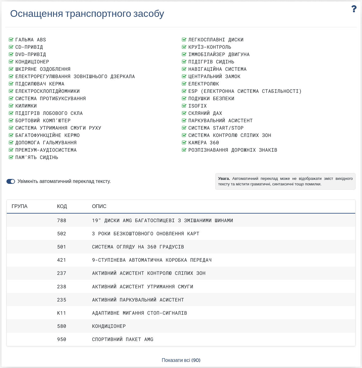 Розділ "Комплектація транспортного засобу" у звіті VIN-Info показує доступну інформацію про конфігурацію та комплектацію, пов’язані з VIN.