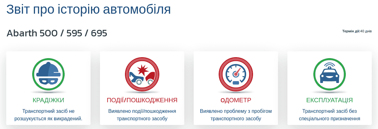 Розділ "Звіт про історію транспортного засобу" у звіті VIN-Info показує перші індикатори щодо пробігу, пошкоджень, крадіжки та призначення транспортного засобу.
