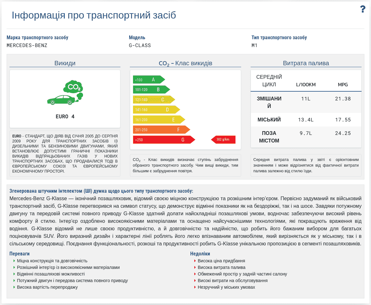 Розділ "Відомості про транспортний засіб" у звіті VIN-Info показує наявні технічні дані та параметри транспортного засобу, пов’язані з номером VIN.